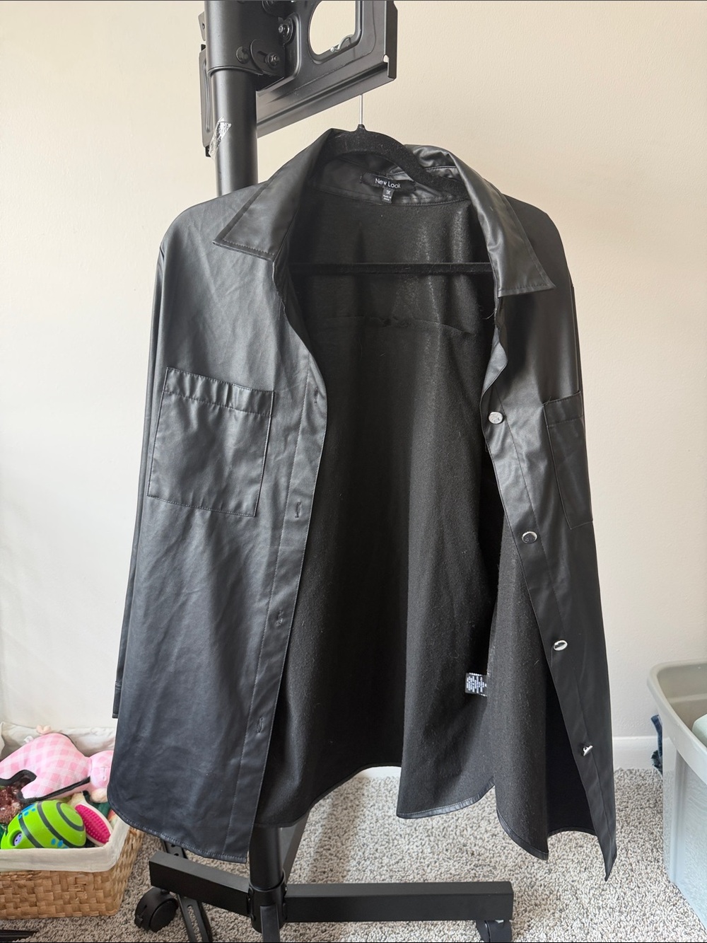New Look Black Faux Leather Shacket with Patch Pockets